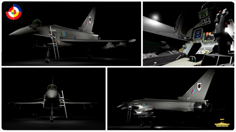 The Eurofighter Typhoon FGR4 Multirole Fighter in Roblox is a scripted, high-detail recreation of the advanced twin-engine, canard delta wing aircraft developed by a European consortium of Airbus, BAE Systems, and Leonardo.