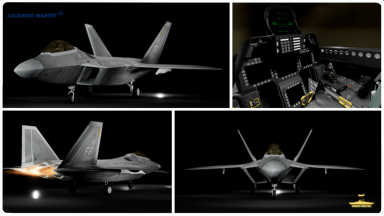 The Lockheed Martin F-22 Raptor Fighter in Roblox is a highly advanced, fully scripted model of the U.S. Air Force’s premier stealth air superiority jet.